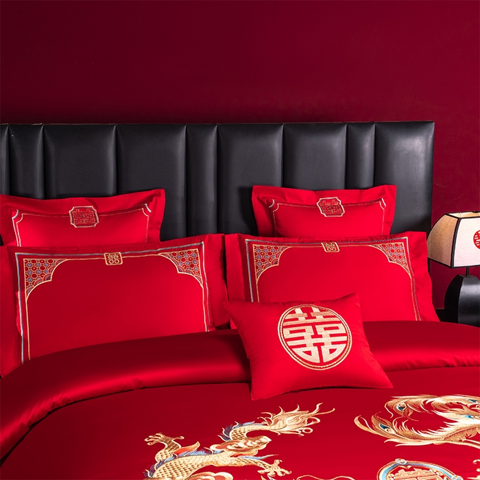 91家纺网 家纺一手货源 找家纺 博之洋婚庆 2026新款新中式亲肤棉婚庆大红刺绣系列四件套 盛世华章-金