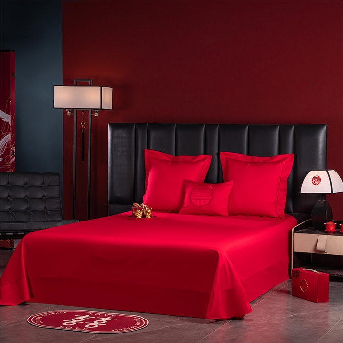 91家纺网 家纺一手货源 找家纺 博之洋婚庆 2026新款新中式亲肤棉婚庆大红刺绣系列四件套 甜蜜爱恋-红