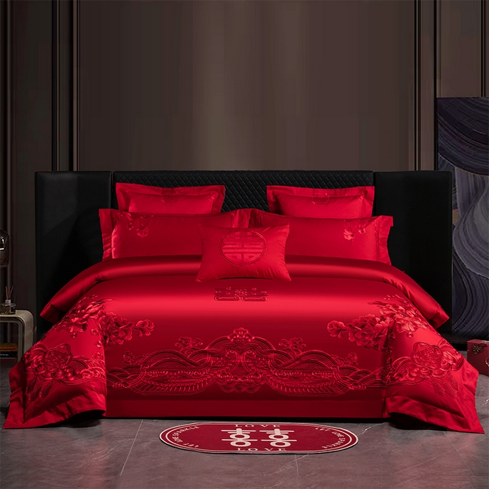 博之洋婚庆 2026新款新中式亲肤棉婚庆大红刺绣系列四件套 甜蜜爱恋-红