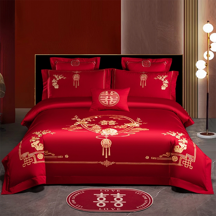 博之洋婚庆 2026新款新中式亲肤棉婚庆大红刺绣系列四件套 爱的诺言-金