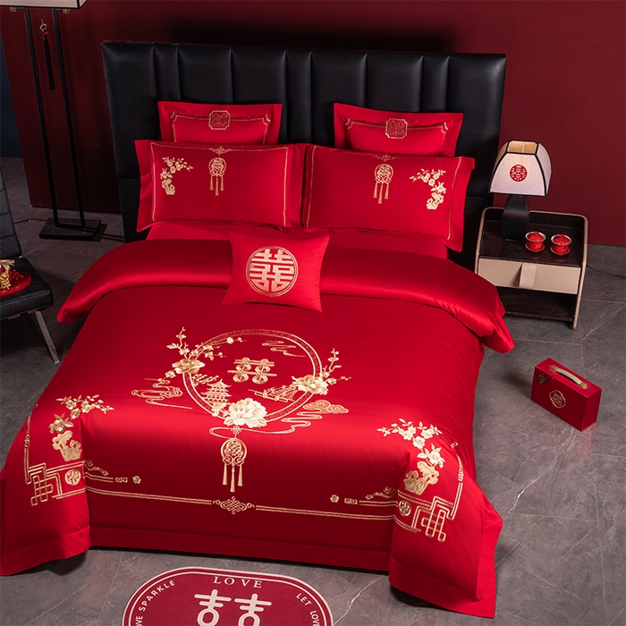 91家纺网 家纺一手货源 找家纺 博之洋婚庆 2026新款新中式亲肤棉婚庆大红刺绣系列四件套 爱的诺言-金