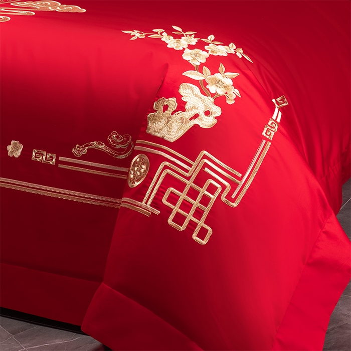 91家纺网 家纺一手货源 找家纺 博之洋婚庆 2026新款新中式亲肤棉婚庆大红刺绣系列四件套 爱的诺言-金