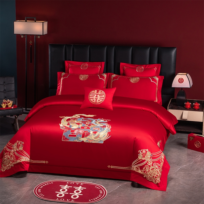 91家纺网 家纺一手货源 找家纺 博之洋婚庆 2026新款新中式亲肤棉婚庆大红刺绣系列四件套 龙凤送喜