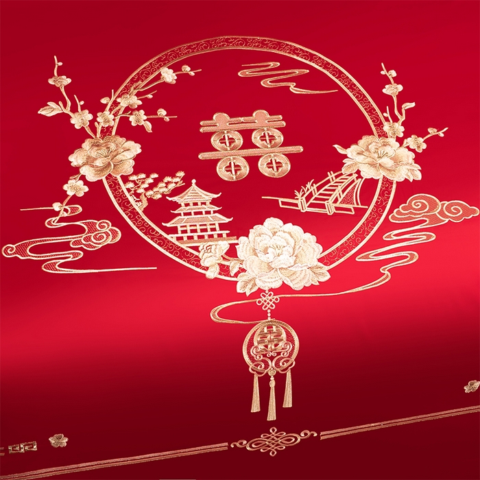 91家纺网 家纺一手货源 找家纺 博之洋婚庆 2026新款新中式亲肤棉婚庆大红刺绣系列四件套 爱的诺言-金