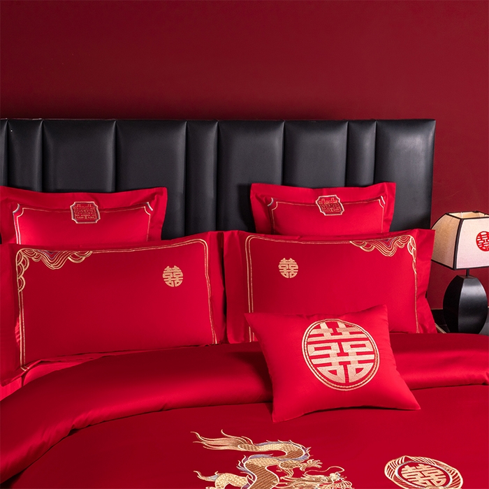 91家纺网 家纺一手货源 找家纺 博之洋婚庆 2026新款新中式亲肤棉婚庆大红刺绣系列四件套 今生约定