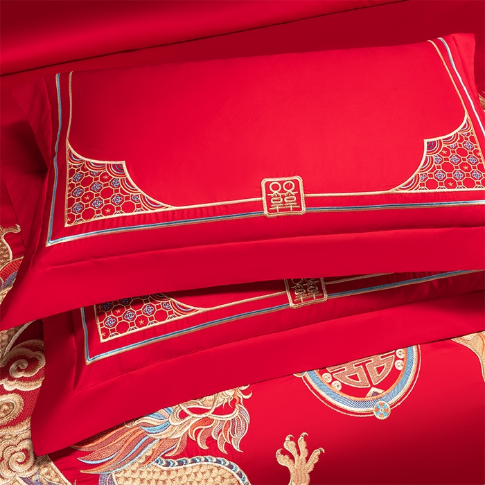 91家纺网 家纺一手货源 找家纺 博之洋婚庆 2026新款新中式亲肤棉婚庆大红刺绣系列四件套 盛世华章-金