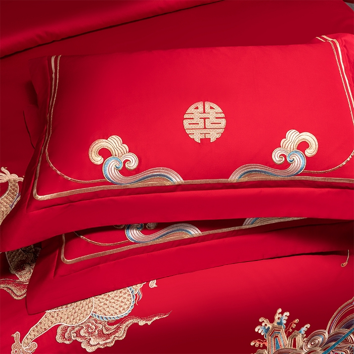 91家纺网 家纺一手货源 找家纺 博之洋婚庆 2026新款新中式亲肤棉婚庆大红刺绣系列四件套 龙凤九霄