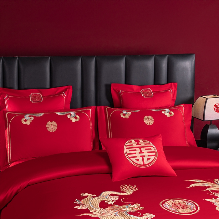 91家纺网 家纺一手货源 找家纺 博之洋婚庆 2026新款新中式亲肤棉婚庆大红刺绣系列四件套 龙凤九霄