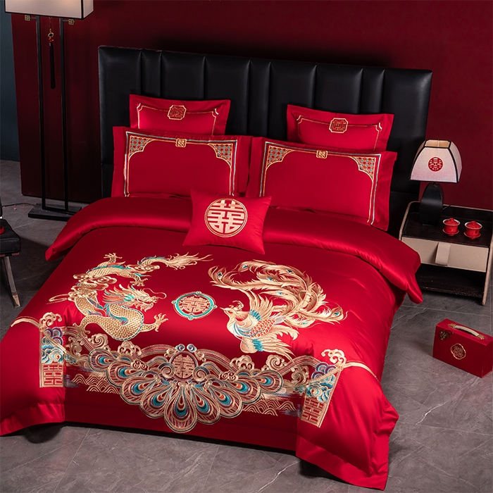 91家纺网 家纺一手货源 找家纺 博之洋婚庆 2026新款新中式亲肤棉婚庆大红刺绣系列四件套 盛世华章-金