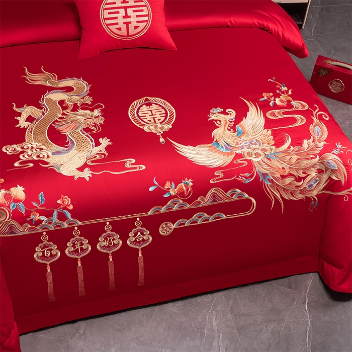 91家纺网 家纺一手货源 找家纺 博之洋婚庆 2026新款新中式亲肤棉婚庆大红刺绣系列四件套 今生约定