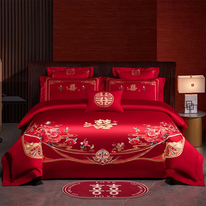 博之洋婚庆 2026新款新中式亲肤棉婚庆大红刺绣系列四件套 子孙满堂