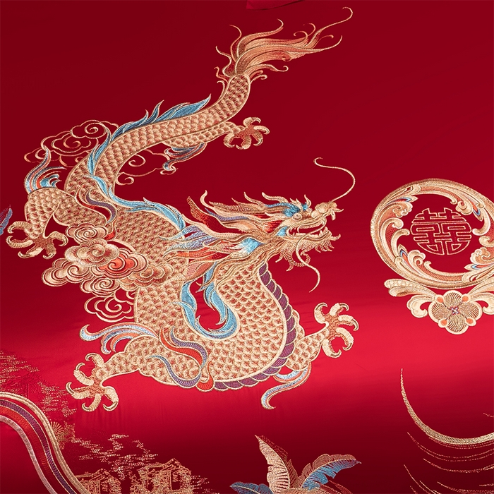 91家纺网 家纺一手货源 找家纺 博之洋婚庆 2026新款新中式亲肤棉婚庆大红刺绣系列四件套 龙凤如意