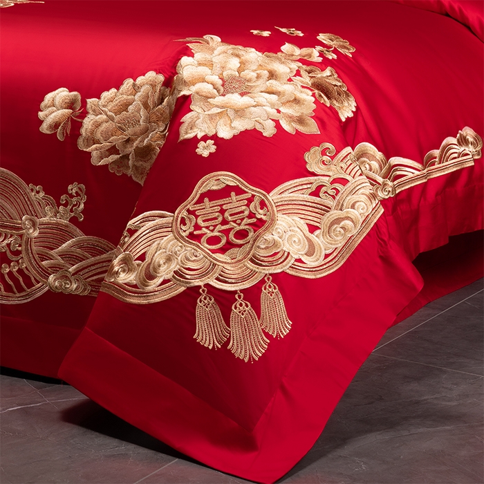91家纺网 家纺一手货源 找家纺 博之洋婚庆 2026新款新中式亲肤棉婚庆大红刺绣系列四件套 甜蜜爱恋-金