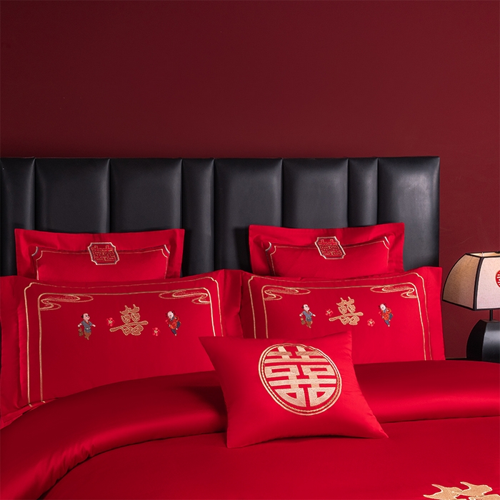 91家纺网 家纺一手货源 找家纺 博之洋婚庆 2026新款新中式亲肤棉婚庆大红刺绣系列四件套 子孙满堂