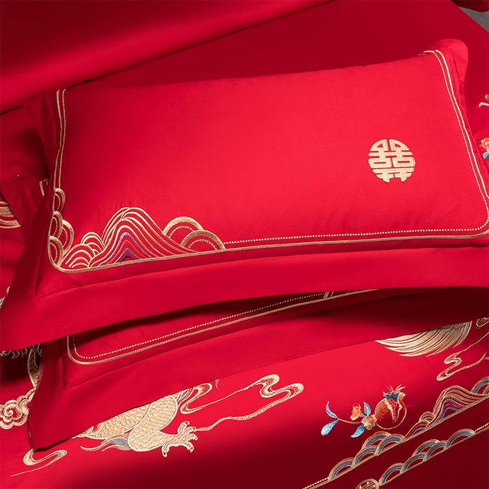 91家纺网 家纺一手货源 找家纺 博之洋婚庆 2026新款新中式亲肤棉婚庆大红刺绣系列四件套 今生约定