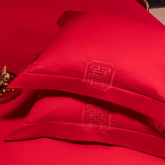 91家纺网 家纺一手货源 找家纺 博之洋婚庆 2026新款新中式亲肤棉婚庆大红刺绣系列四件套 盛世华章-红