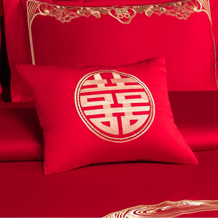 91家纺网 家纺一手货源 找家纺 博之洋婚庆 2026新款新中式亲肤棉婚庆大红刺绣系列四件套 花田喜事