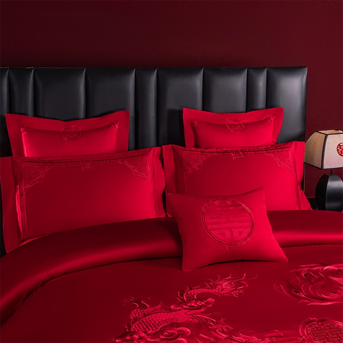 91家纺网 家纺一手货源 找家纺 博之洋婚庆 2026新款新中式亲肤棉婚庆大红刺绣系列四件套 盛世华章-红