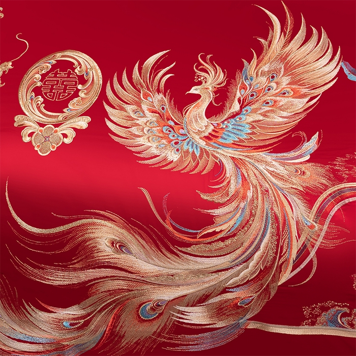 91家纺网 家纺一手货源 找家纺 博之洋婚庆 2026新款新中式亲肤棉婚庆大红刺绣系列四件套 龙凤如意