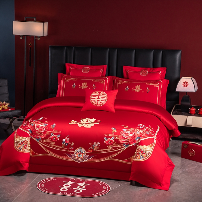 91家纺网 家纺一手货源 找家纺 博之洋婚庆 2026新款新中式亲肤棉婚庆大红刺绣系列四件套 子孙满堂