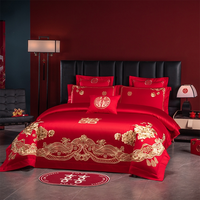 91家纺网 家纺一手货源 找家纺 博之洋婚庆 2026新款新中式亲肤棉婚庆大红刺绣系列四件套 甜蜜爱恋-金