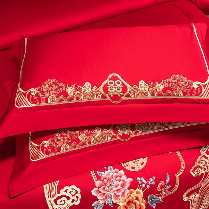 91家纺网 家纺一手货源 找家纺 博之洋婚庆 2026新款新中式亲肤棉婚庆大红刺绣系列四件套 花田喜事