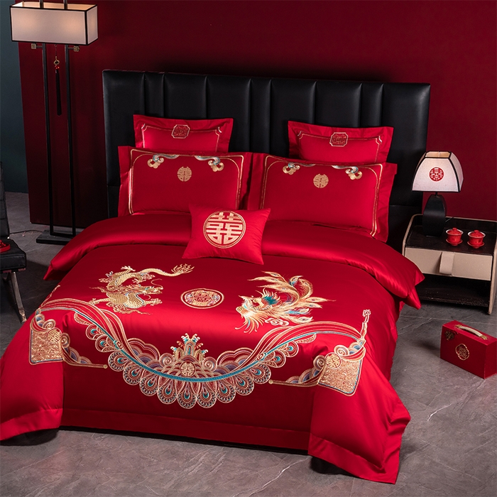 91家纺网 家纺一手货源 找家纺 博之洋婚庆 2026新款新中式亲肤棉婚庆大红刺绣系列四件套 龙凤九霄