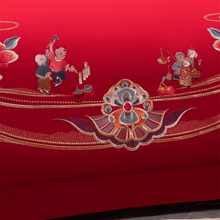 91家纺网 家纺一手货源 找家纺 博之洋婚庆 2026新款新中式亲肤棉婚庆大红刺绣系列四件套 子孙满堂