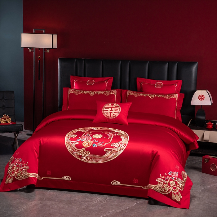 91家纺网 家纺一手货源 找家纺 博之洋婚庆 2026新款新中式亲肤棉婚庆大红刺绣系列四件套 花田喜事