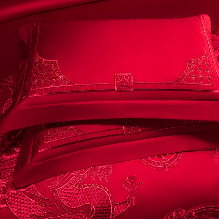 91家纺网 家纺一手货源 找家纺 博之洋婚庆 2026新款新中式亲肤棉婚庆大红刺绣系列四件套 盛世华章-红