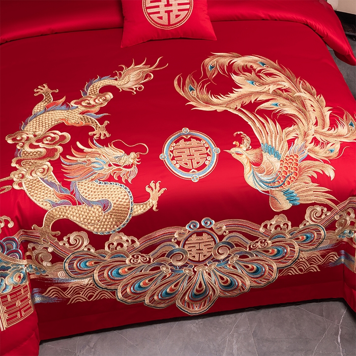 91家纺网 家纺一手货源 找家纺 博之洋婚庆 2026新款新中式亲肤棉婚庆大红刺绣系列四件套 盛世华章-金