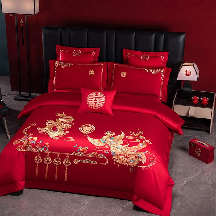 91家纺网 家纺一手货源 找家纺 博之洋婚庆 2026新款新中式亲肤棉婚庆大红刺绣系列四件套 今生约定