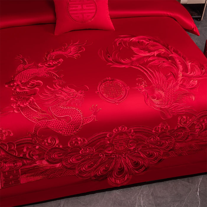 91家纺网 家纺一手货源 找家纺 博之洋婚庆 2026新款新中式亲肤棉婚庆大红刺绣系列四件套 盛世华章-红