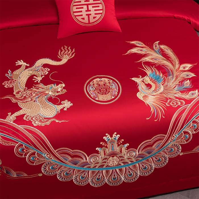 91家纺网 家纺一手货源 找家纺 博之洋婚庆 2026新款新中式亲肤棉婚庆大红刺绣系列四件套 龙凤九霄