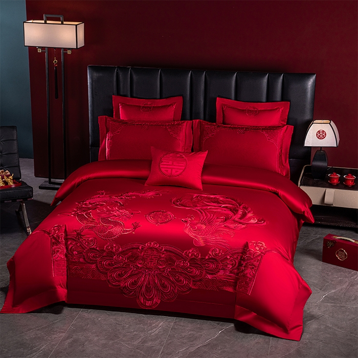 91家纺网 家纺一手货源 找家纺 博之洋婚庆 2026新款新中式亲肤棉婚庆大红刺绣系列四件套 盛世华章-红