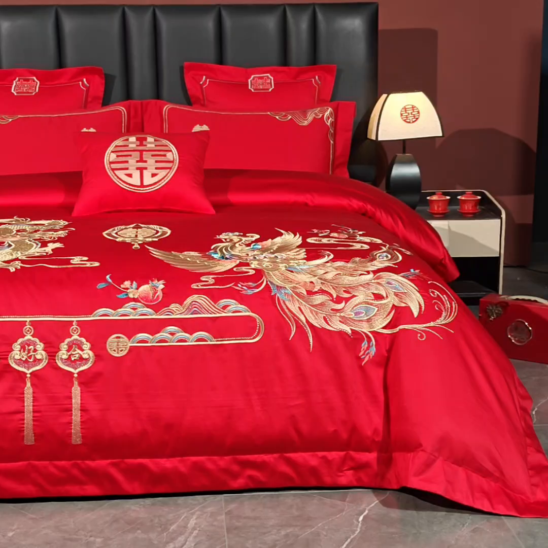 91家纺网 家纺一手货源 找家纺 博之洋婚庆 2026新款新中式亲肤棉婚庆大红刺绣系列四件套 今生约定