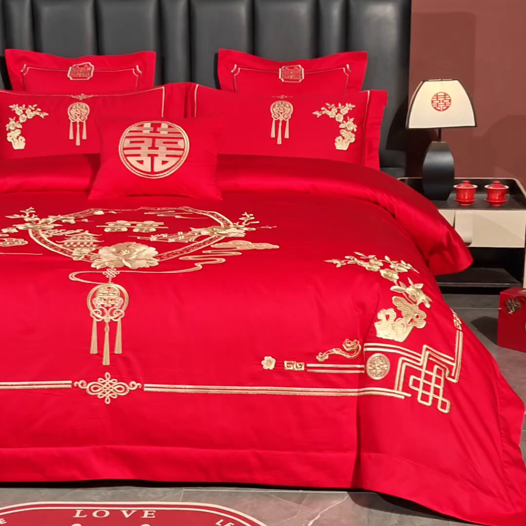 91家纺网 家纺一手货源 找家纺 博之洋婚庆 2026新款新中式亲肤棉婚庆大红刺绣系列四件套 爱的诺言-金