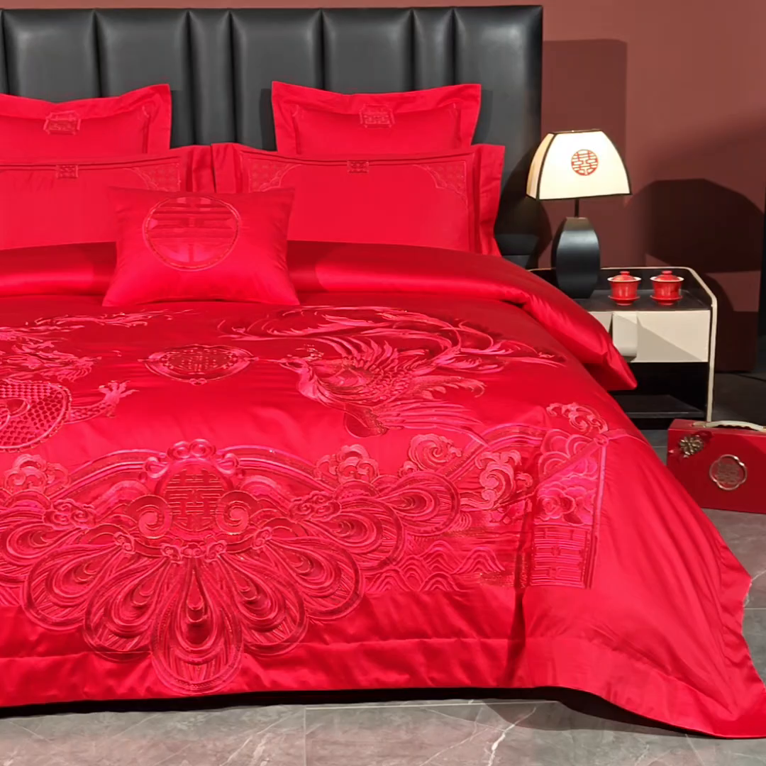 91家纺网 家纺一手货源 找家纺 博之洋婚庆 2026新款新中式亲肤棉婚庆大红刺绣系列四件套 盛世华章-红