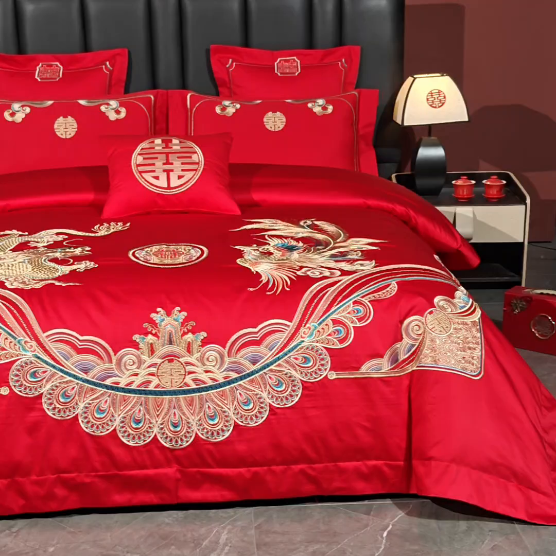91家纺网 家纺一手货源 找家纺 博之洋婚庆 2026新款新中式亲肤棉婚庆大红刺绣系列四件套 龙凤九霄