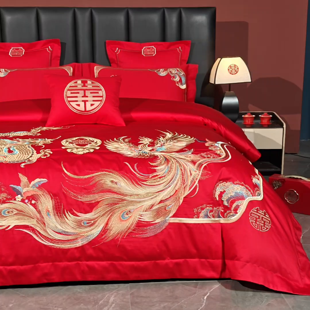 91家纺网 家纺一手货源 找家纺 博之洋婚庆 2026新款新中式亲肤棉婚庆大红刺绣系列四件套 龙凤如意