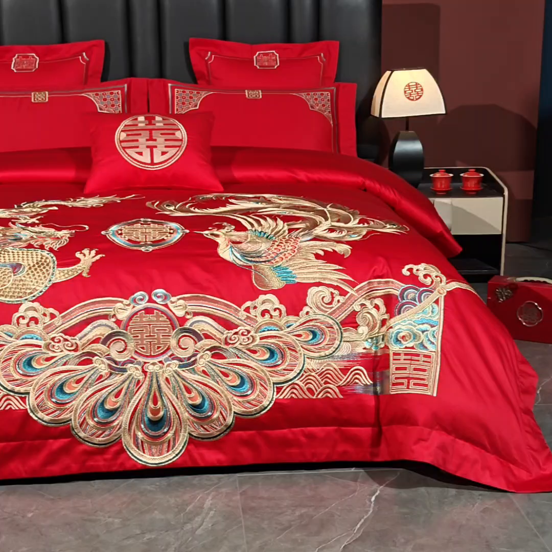 91家纺网 家纺一手货源 找家纺 博之洋婚庆 2026新款新中式亲肤棉婚庆大红刺绣系列四件套 盛世华章-金