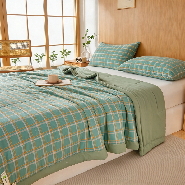 91家纺网 家纺一手货源 找家纺 猎鹿人家纺 2026新款A类水洗棉新疆棉花夏被 被子被芯 绿色格调