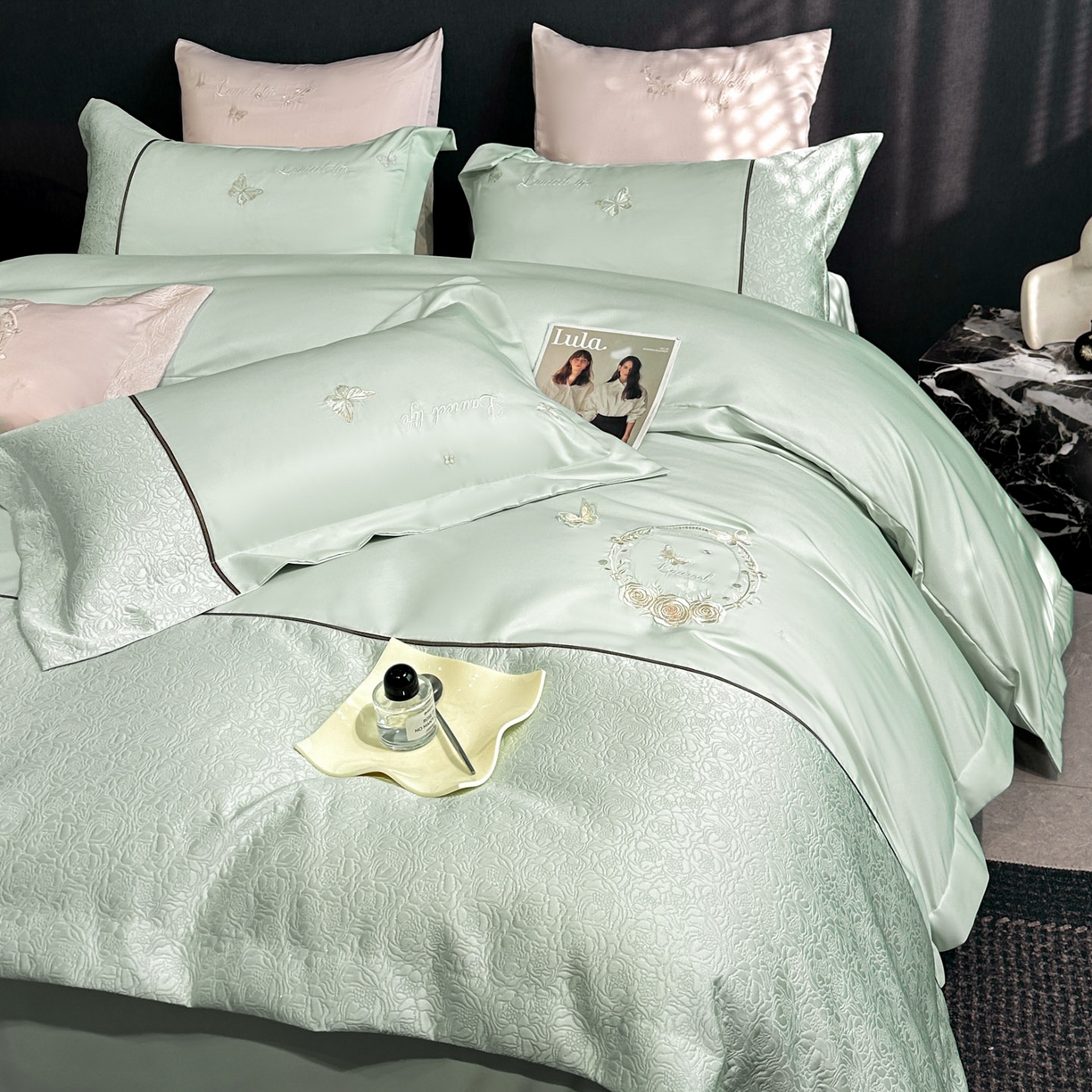 七七家纺 2026新款浮雕亲肤棉刺绣四件套-迪拉系列 迪拉-嫩绿