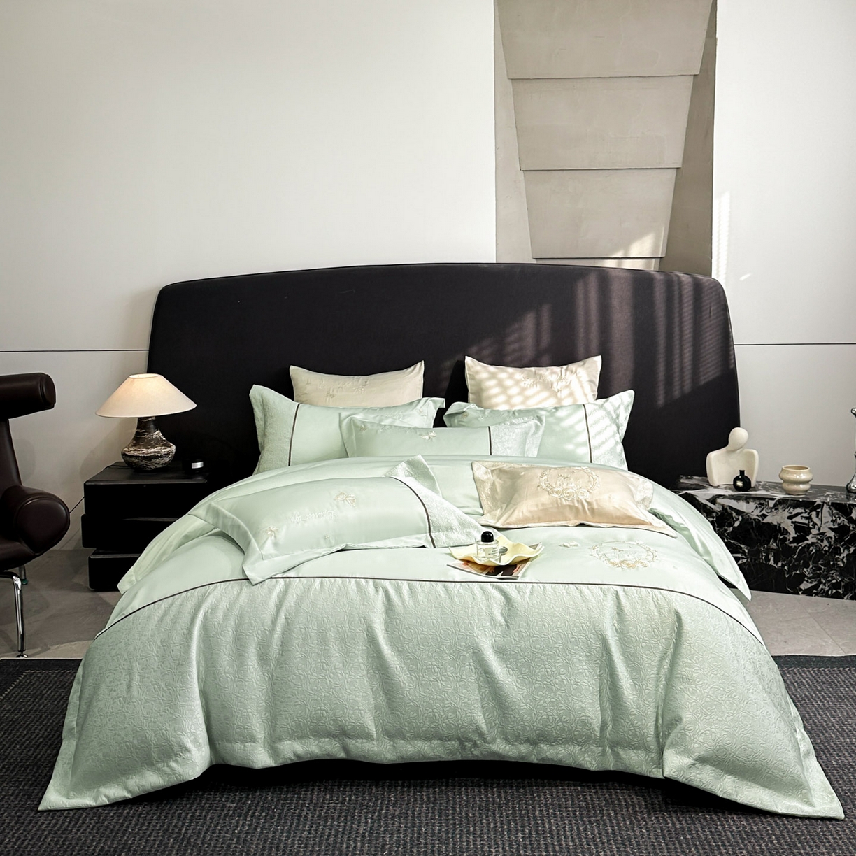 91家纺网 家纺一手货源 找家纺 七七家纺 2026新款浮雕亲肤棉刺绣四件套-迪拉系列 迪拉-嫩绿