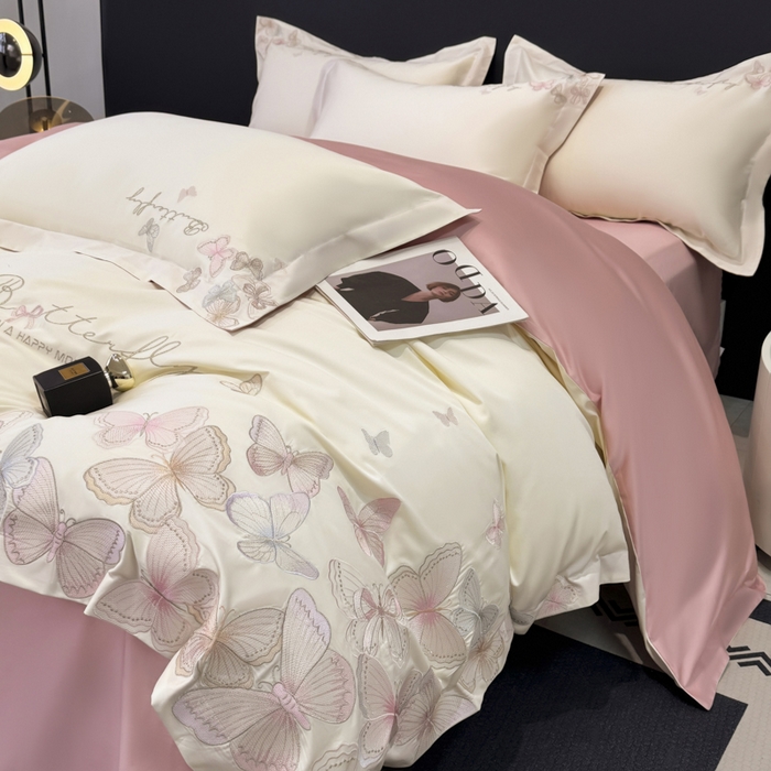 91家纺网 家纺一手货源 找家纺 （总）女子家纺 2026新款刺绣亲肤棉轻奢四件套 花蝶