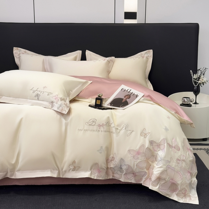 91家纺网 家纺一手货源 找家纺 （总）女子家纺 2026新款刺绣亲肤棉轻奢四件套 花蝶