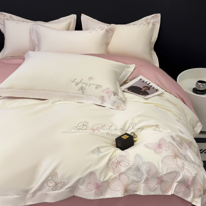 91家纺网 家纺一手货源 找家纺 （总）女子家纺 2026新款刺绣亲肤棉轻奢四件套 花蝶