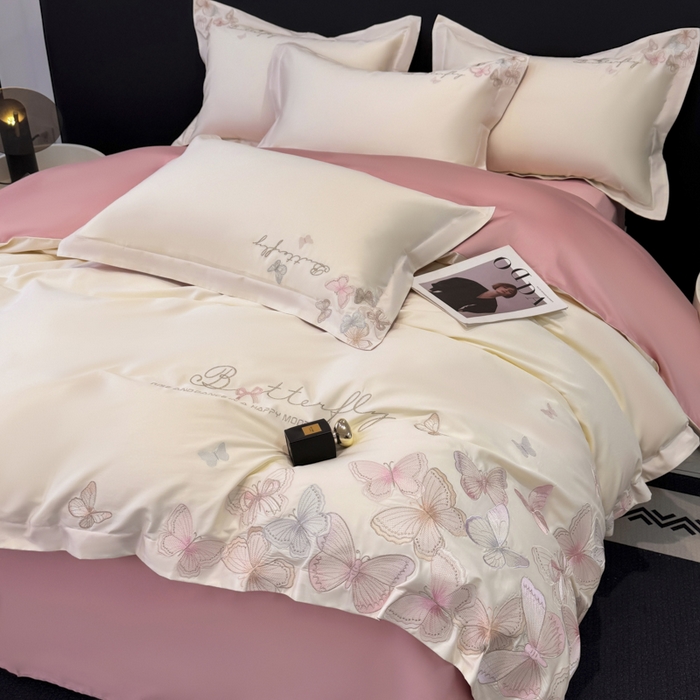 91家纺网 家纺一手货源 找家纺 （总）女子家纺 2026新款刺绣亲肤棉轻奢四件套 花蝶