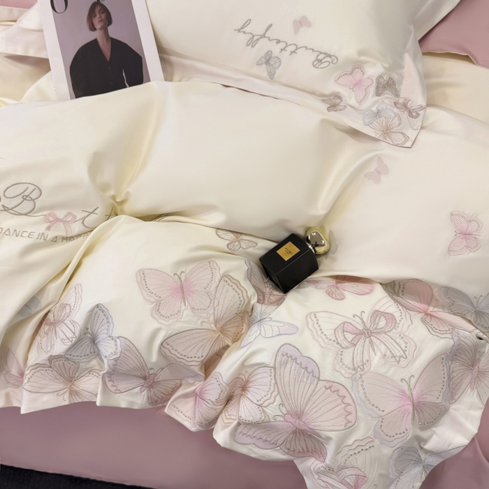 91家纺网 家纺一手货源 找家纺 （总）女子家纺 2026新款刺绣亲肤棉轻奢四件套 花蝶