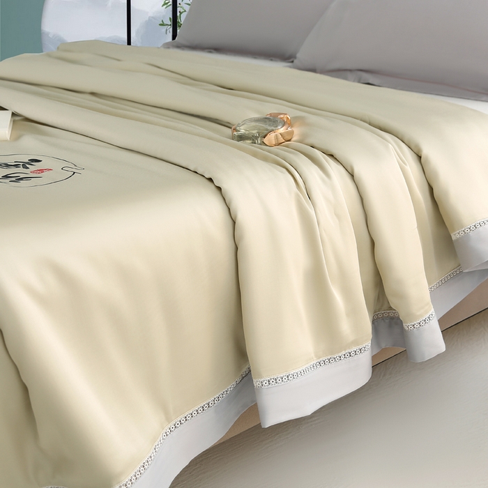 91家纺网 家纺一手货源 找家纺 薇玛仕 2026春夏新款镂空款60天丝莱赛尔蚕丝纯色夏凉被空调被 米绿